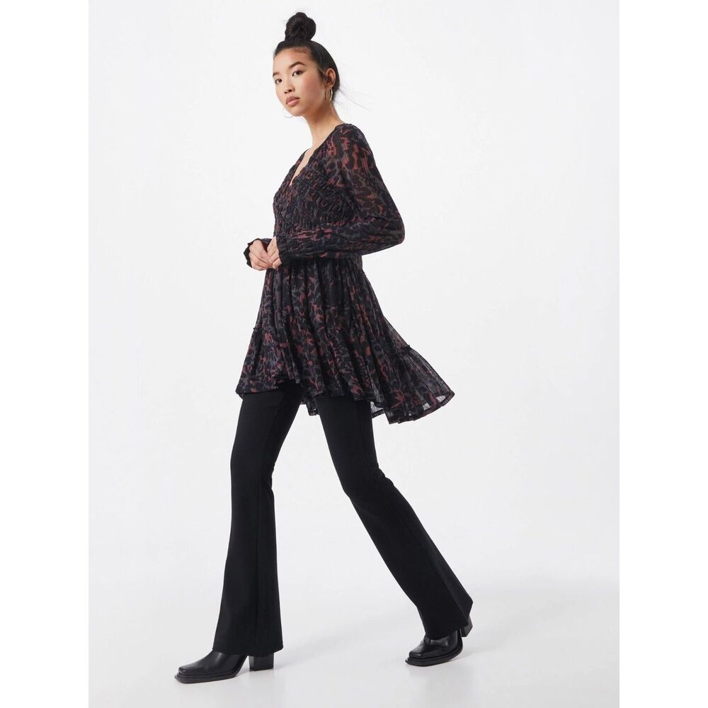 Free People Dark Romance Babydoll Tunic in Dark Combo, Sz XS, Boho Leopard Print